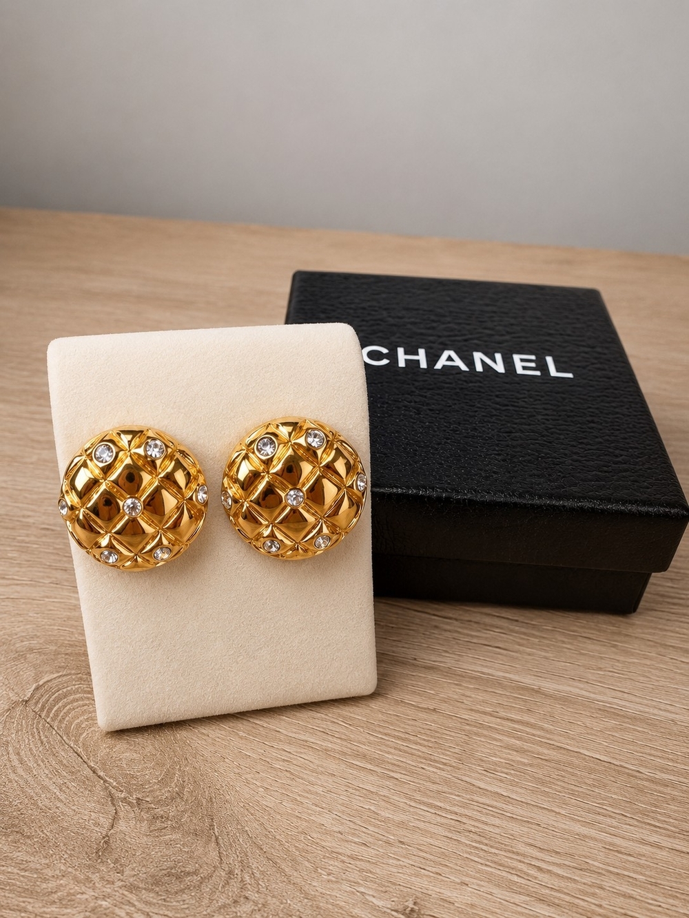CHANEL Gold Quilted Crystal Button Earrings